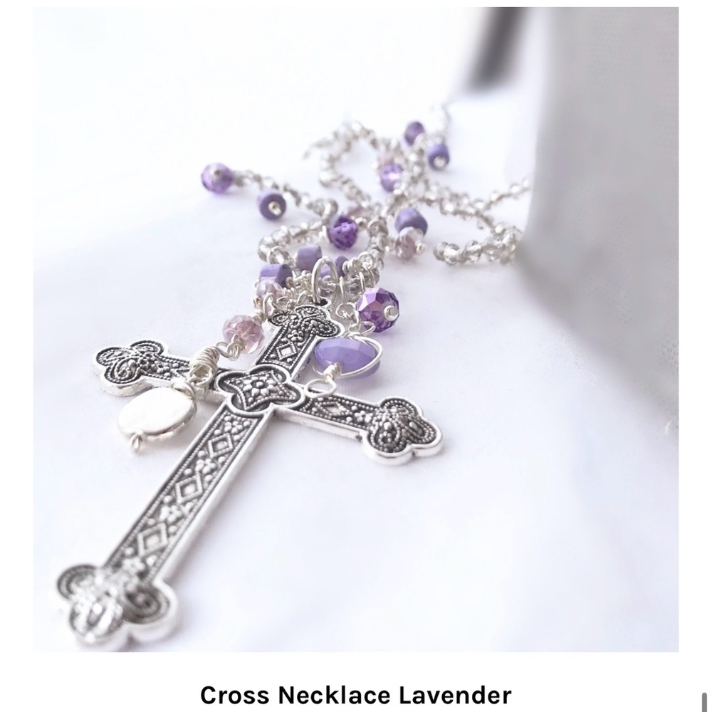 Elegant Silver Cross With Lavender Accent Beaded Necklace